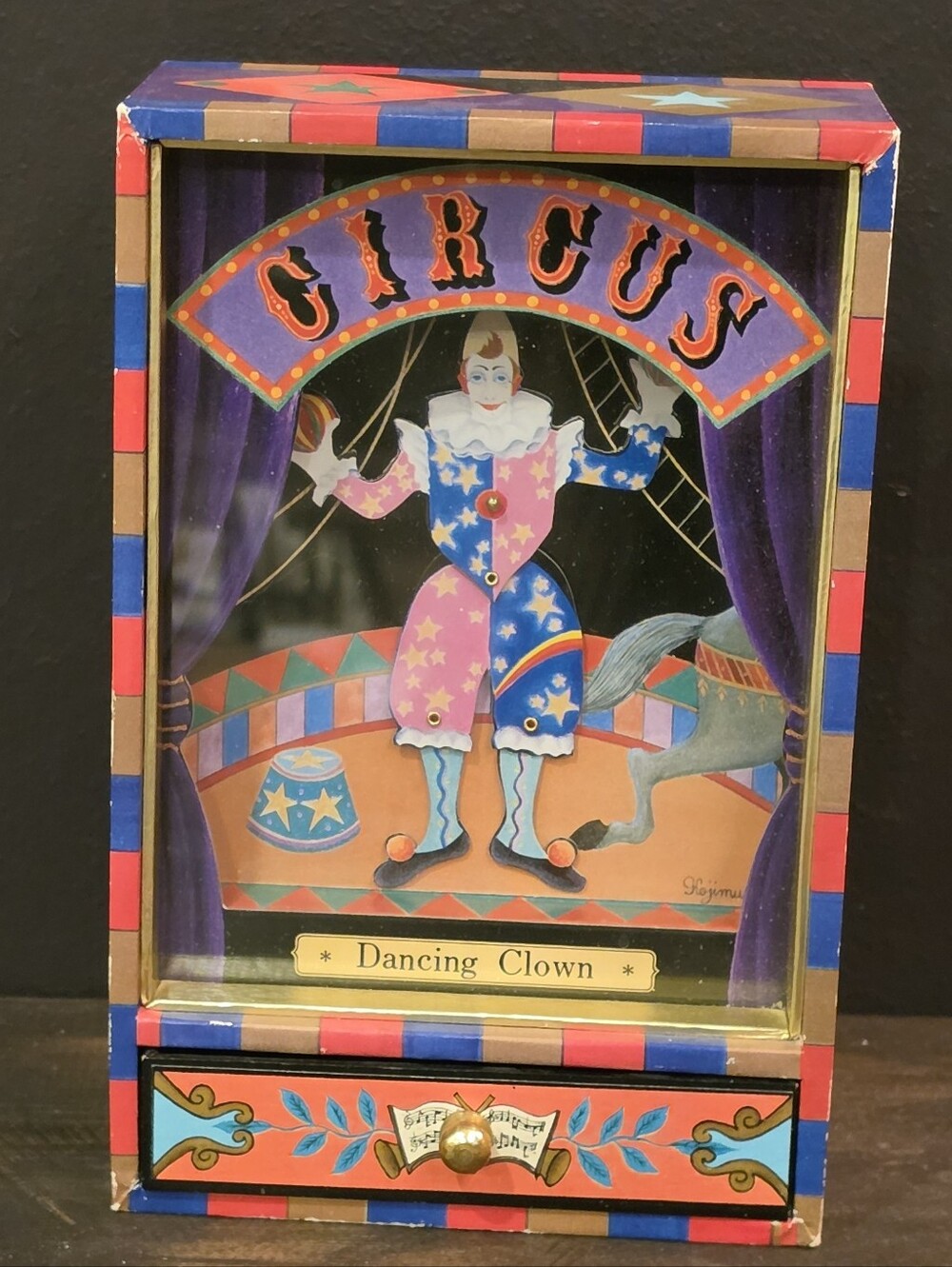 Vtg Koji Murai Circus Dancing Clown Music Box Animated Jewelry Drawer Japan 1970